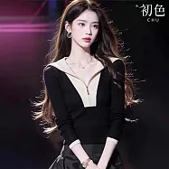 【初色】簡約風拼色海軍領拉鍊設計修身長袖針織T恤上衣女上衣-黑色-38450(F可選) F 黑色