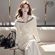 【初色】海軍風麻花紋單排釦翻領長袖毛衣針織衫上衣女上衣-白色-38445(F可選) F 白色