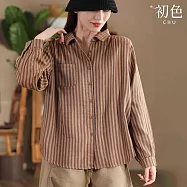 【初色】文青復古風豎條紋翻領長袖單排釦寬鬆襯衫上衣女上衣-共4色-38509(M-2XL可選) M 咖啡色