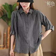 【初色】文青復古風豎條紋翻領長袖單排釦寬鬆襯衫上衣女上衣-共4色-38509(M-2XL可選) XL 深灰色