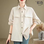 【初色】韓版休閒風純色翻蓋口袋中長款寬鬆外搭長袖襯衫上衣女上衣-共4色-38512(M-2XL可選) XL 米白色