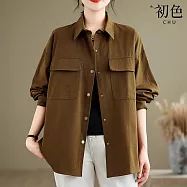 【初色】韓版休閒風純色翻蓋口袋中長款寬鬆外搭長袖襯衫上衣女上衣-共4色-38512(M-2XL可選) XL 咖啡色