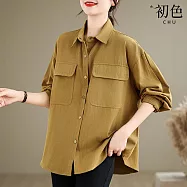 【初色】韓版休閒風純色翻蓋口袋中長款寬鬆外搭長袖襯衫上衣女上衣-共4色-38512(M-2XL可選) M 卡其色
