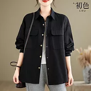 【初色】韓版休閒風純色翻蓋口袋中長款寬鬆外搭長袖襯衫上衣女上衣-共4色-38512(M-2XL可選) M 黑色