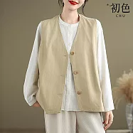 【初色】純色簡約百搭寬鬆休閒V領坎肩無袖馬甲背心外套女外套-共3色-38528(M-2XL可選) L 卡其色