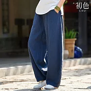 【初色】復古純色棉麻風燈籠褲哈倫褲鬆緊腰寬鬆休閒褲寬褲短褲長褲-共3色-38534(M-2XL可選) L 藍色