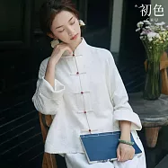 【初色】佛系素色花紋立領唐裝禪裝長袖上衣女上衣-白色-38519(M-2XL可選) XL 白色