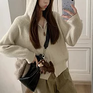 【MsMore】 韓版寬鬆慵懶連帽雙拉鍊北極絨針織衫毛衣長袖上衣短外套# 123687 FREE 卡其色