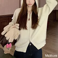 【MsMore】 韓版寬鬆慵懶連帽雙拉鍊北極絨針織衫毛衣長袖上衣短外套# 123687 FREE 杏色