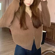 【MsMore】 韓版寬鬆慵懶連帽雙拉鍊北極絨針織衫毛衣長袖上衣短外套# 123687 FREE 咖色