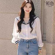 【初色】休閒風條紋拼接撞色海軍領長袖襯衫上衣女上衣-白色-37760(M-XL可選) L 白色