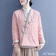 【ACheter】 中國風文藝棉麻感繡花長袖盤扣斜襟碎花V領復古夾棉短版上衣# 123535 M 粉紅色