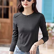 【MsMore】 修身長袖T恤魚骨正肩圓領短版純色百搭上衣# 123708 L 灰色