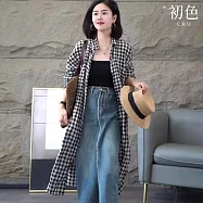 【初色】格紋格子翻領長袖長款襯衫遮陽防曬開衫罩衫外套女外套-黑白格紋-36987(M-2XL可選) 2XL 黑白格紋