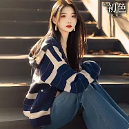 【初色】撞色拼接條紋針織連帽長袖寬鬆帽T針織衫T恤上衣女上衣-條紋-38705(F可選) F 條紋