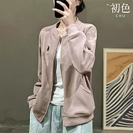 【初色】簡約風純色絨面刺繡口袋拉鍊長袖夾克外套女外套-共3色-37642(M-2XL可選) M 淺紫色