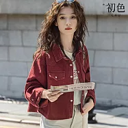 【初色】美式摩登感純色修身短款夾克翻領單排釦長袖牛仔外套女外套-安可拉紅色-38677(M-XL可選) XL 安可拉紅色