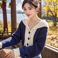 【初色】學院風撞色拼接柔軟大V領單排釦長袖針織毛衣上衣女上衣-藍色-38573(F可選) F 藍色