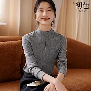 【初色】緹花半高領前開裝飾扣顯瘦長袖針織衫打底衫上衣女上衣-灰色-37634(M-2XL可選) XL 灰色