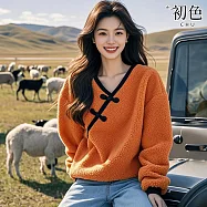 【初色】新中式撞色拼接復古盤扣V領長袖搖粒絨T恤上衣-橘色-38649(M-2XL可選) M 橘色