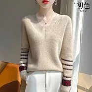 【初色】民族風刺繡拼接拚色純色寬鬆V領長袖針織衫上衣女上衣-共2色-38709(F可選) F 卡其色