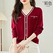 【初色】小香風撞色明線裝飾釦寬鬆打底衫V領長袖針織衫上衣女上衣-共3色-38713(F可選) F 紅色