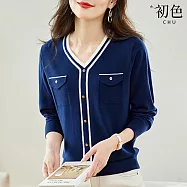 【初色】小香風撞色明線裝飾釦寬鬆打底衫V領長袖針織衫上衣女上衣-共3色-38713(F可選) F 藍色