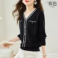【初色】小香風撞色明線裝飾釦寬鬆打底衫V領長袖針織衫上衣女上衣-共3色-38713(F可選) F 黑色