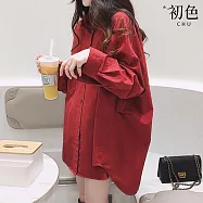【初色】文藝風簡約純色寬鬆顯瘦中長款翻領長袖襯衫上衣女上衣-共3色-38550(M-2XL可選) 2XL 紅色
