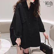 【初色】文藝風簡約純色寬鬆顯瘦中長款翻領長袖襯衫上衣女上衣-共3色-38550(M-2XL可選) 2XL 黑色