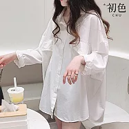 【初色】文藝風簡約純色寬鬆顯瘦中長款翻領長袖襯衫上衣女上衣-共3色-38550(M-2XL可選) XL 白色