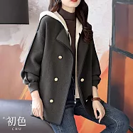 【初色】小香風保暖純色格紋長袖棒球連帽毛呢大衣休閒外套女外套-3款任選-31380(M-2XL可選) M B.深灰色