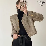 【初色】小香風短款粗花呢V領長袖單排釦外套女外套-卡其色-37728(M-XL可選) M 卡其色