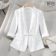 【初色】新中式純色休閒印花修身顯瘦薄款V領長袖盤扣西裝外套女外套-共3色-37732(M-3XL可選) M 白色