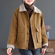 【初色】簡約翻領顆粒絨拼接純色大口袋加絨夾克外套休閒外套-共4色-32464(M-2XL可選) XL 卡其色