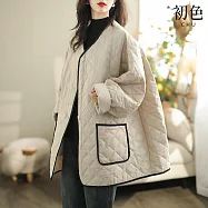 【初色】文藝簡約拼色包邊寬鬆單排釦雙口袋圓領長袖科技羽絨棉外套女外套-米色-38603(L-2XL可選) XL 米色