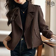 【初色】個性機車外套毛呢短款夾克保暖翻領長袖外套女外套-深棕色-38622(M-2XL可選) M 深棕色