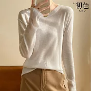 【初色】簡約純色毛邊長袖圓領針織打底衫上衣-共3色-64336(F可選) F 白色