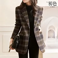 【初色】英倫風格紋毛呢正肩西裝外套女外套-褐色-38633(M-2XL可選) 2XL 褐色