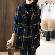 【初色】韓系復古風拼接格紋寬鬆西裝領雙排扣長袖毛呢大衣外套女外套-藏青色-38634(M-2XL可選) L 藏青色