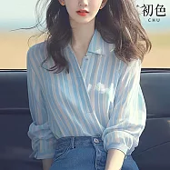 【初色】通勤風豎條紋V領寬鬆長袖襯衫上衣女上衣-藍色-37093(M-2XL可選) 2XL 藍色