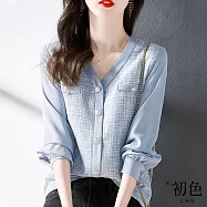 【初色】法式小香風V領長袖雪紡襯衫上衣女上衣-藍色-37847(M-2XL可選) M 藍色