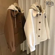 【初色】簡約風純色毛呢針織假兩件連帽長袖外套女外套-共2色-38688(M-4XL可選) M 米白色