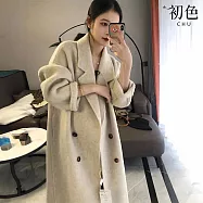 【初色】簡約休閒純色仿羊絨加厚保暖西裝領長袖長款大衣外套女外套-米白色-38689(M-3XL可選) XL 米白色