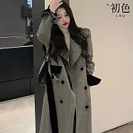 【初色】簡約撞色拼接西裝領翻領長袖寬鬆長款大衣毛呢外套女外套-灰色-38696(M-XL可選) XL 灰色