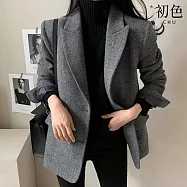 【初色】文藝復古寬鬆純色拼接單排扣口袋西裝領長袖西裝外套女外套-共2色-38692(M-2XL可選) M 灰色