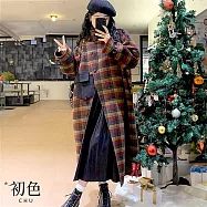 【初色】花呢格紋格子拼接立領斜排釦長袖寬鬆長款大衣毛呢外套女外套-多色格紋-38694(M-2XL可選) XL 多色格紋