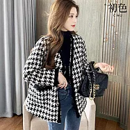 【初色】韓版小香風千鳥紋粗花呢短款V領長袖大衣外套女外套-黑白千鳥紋-38695(M-3XL可選) M 黑白千鳥紋