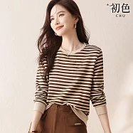 【初色】休閒寬鬆修身撞色條紋螺紋圓領長袖T恤上衣女上衣-杏咖條紋-38730(M-2XL可選) XL 杏咖條紋
