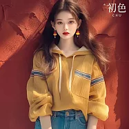 【初色】洋氣寬鬆顯瘦胸口袋拼接印花條紋抽繩長袖連帽T恤上衣女上衣-黃色-37400(M-XL可選) XL 黃色